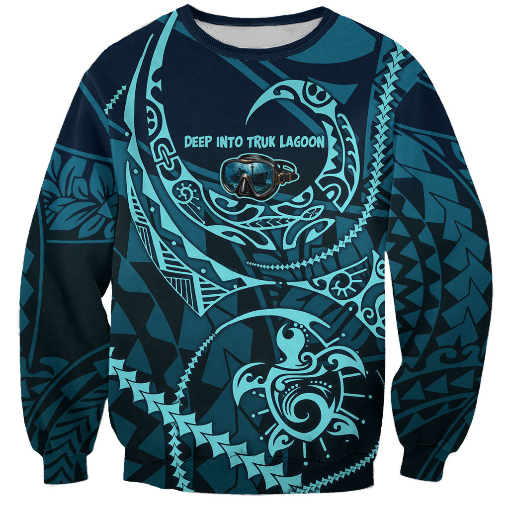 Chuuk Deep Into Truk Lagoon Sweatshirt Polynesian Tribal Pattern Wreck Diving Teal Ship Art