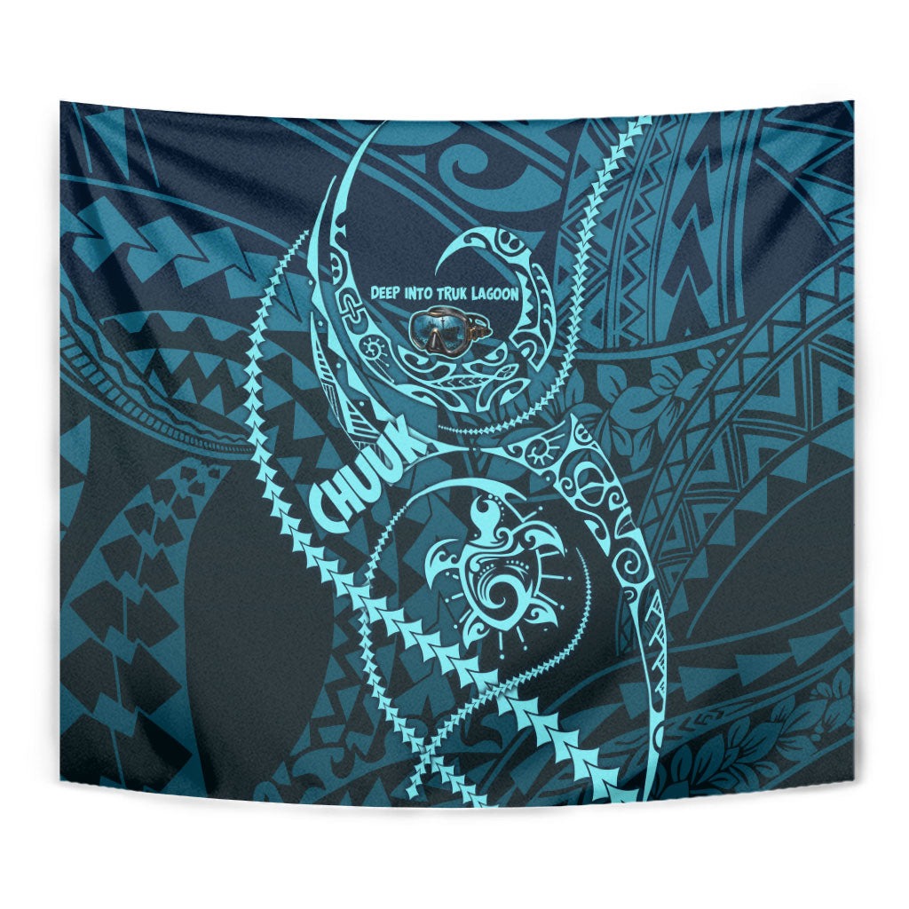 Chuuk Deep Into Truk Lagoon Tapestry Polynesian Tribal Pattern Wreck Diving Teal Ship Art