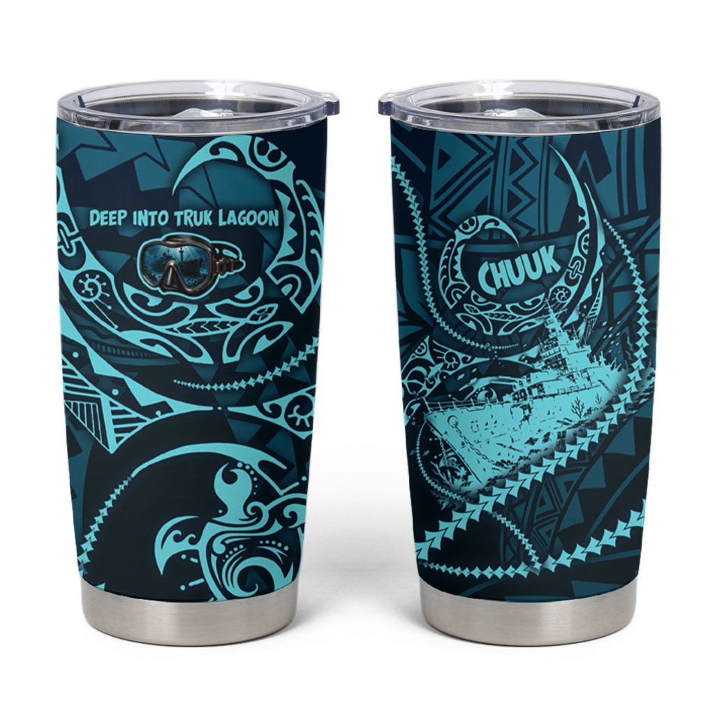 Chuuk Deep Into Truk Lagoon Tumbler Cup Polynesian Tribal Pattern Wreck Diving Teal Ship Art TS04 Blue Black - Polynesian Pride