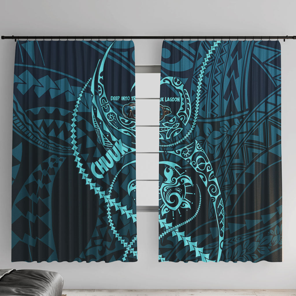 Chuuk Deep Into Truk Lagoon Window Curtain Polynesian Tribal Pattern Wreck Diving Teal Ship Art TS04 With Hooks Blue Black - Polynesian Pride