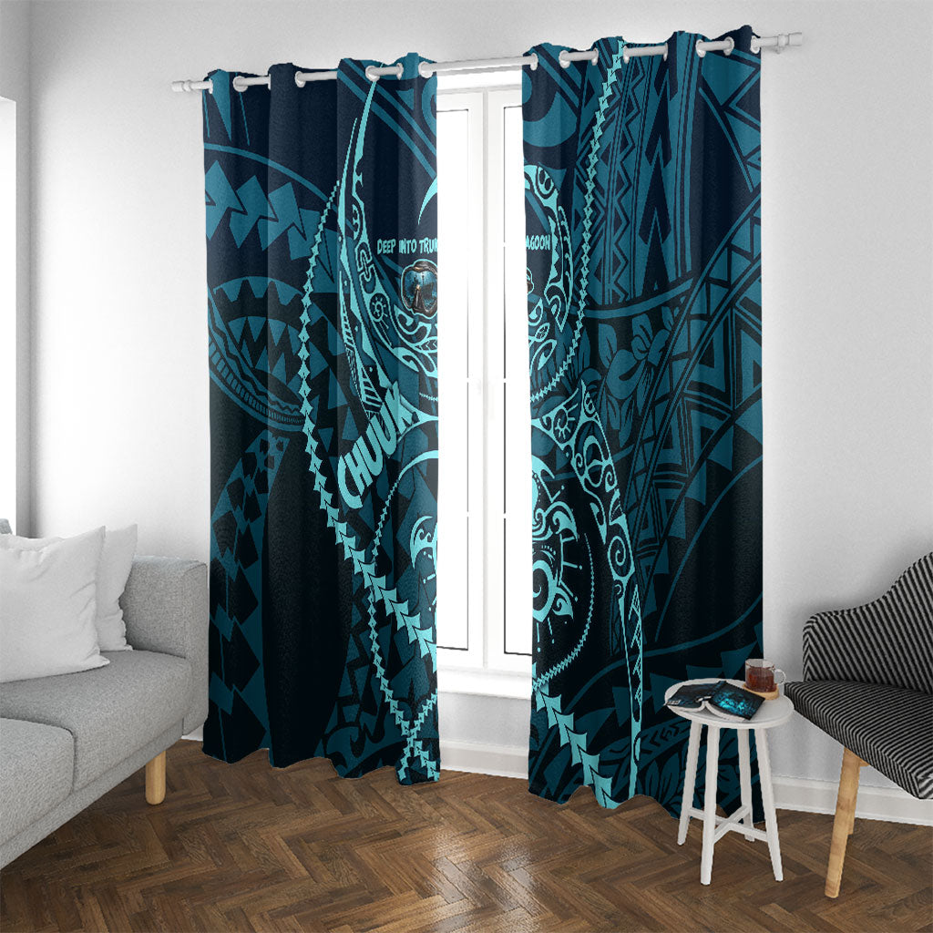 Chuuk Deep Into Truk Lagoon Window Curtain Polynesian Tribal Pattern Wreck Diving Teal Ship Art