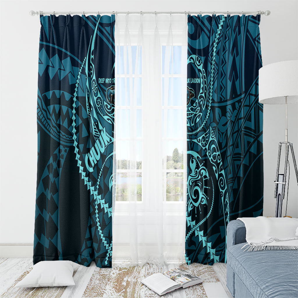 Chuuk Deep Into Truk Lagoon Window Curtain Polynesian Tribal Pattern Wreck Diving Teal Ship Art