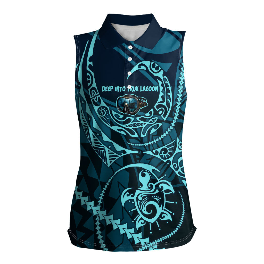 Chuuk Deep Into Truk Lagoon Women Sleeveless Polo Shirt Polynesian Tribal Pattern Wreck Diving Teal Ship Art TS04 Female Blue Black - Polynesian Pride