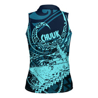 Chuuk Deep Into Truk Lagoon Women Sleeveless Polo Shirt Polynesian Tribal Pattern Wreck Diving Teal Ship Art