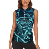Chuuk Deep Into Truk Lagoon Women Sleeveless Polo Shirt Polynesian Tribal Pattern Wreck Diving Teal Ship Art