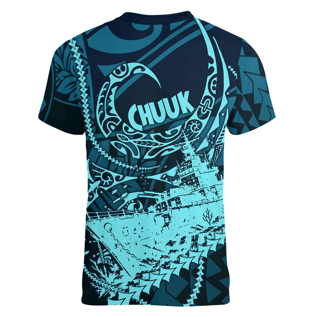 Chuuk Deep Into Truk Lagoon Women V-Neck T-Shirt Polynesian Tribal Pattern Wreck Diving Teal Ship Art
