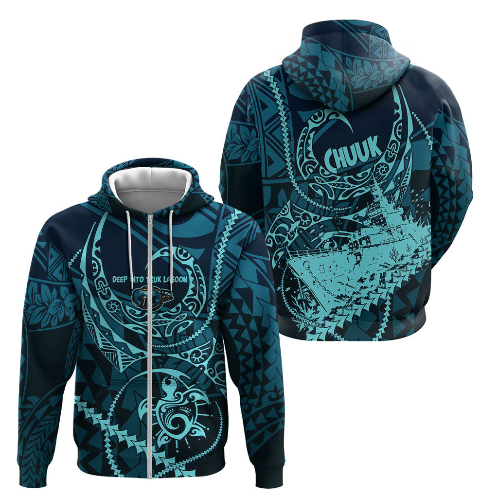Chuuk Deep Into Truk Lagoon Zip Hoodie Polynesian Tribal Pattern Wreck Diving Teal Ship Art