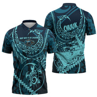 Chuuk Deep Into Truk Lagoon Zipper Polo Shirt Polynesian Tribal Pattern Wreck Diving Teal Ship Art