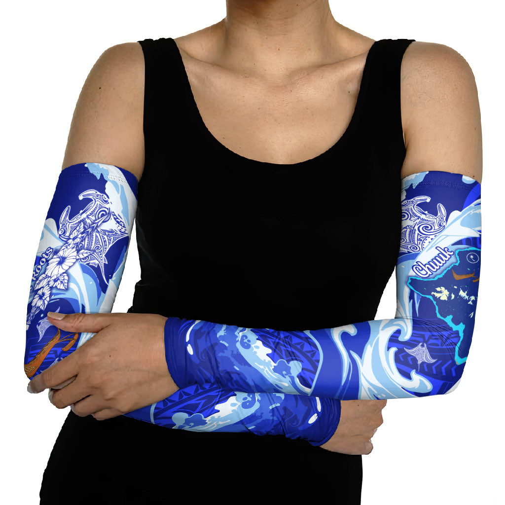Chuuk Micronesian Roots Arm Sleeves Polynesian Tribal Pattern Hibiscus Flower And Stingray Art