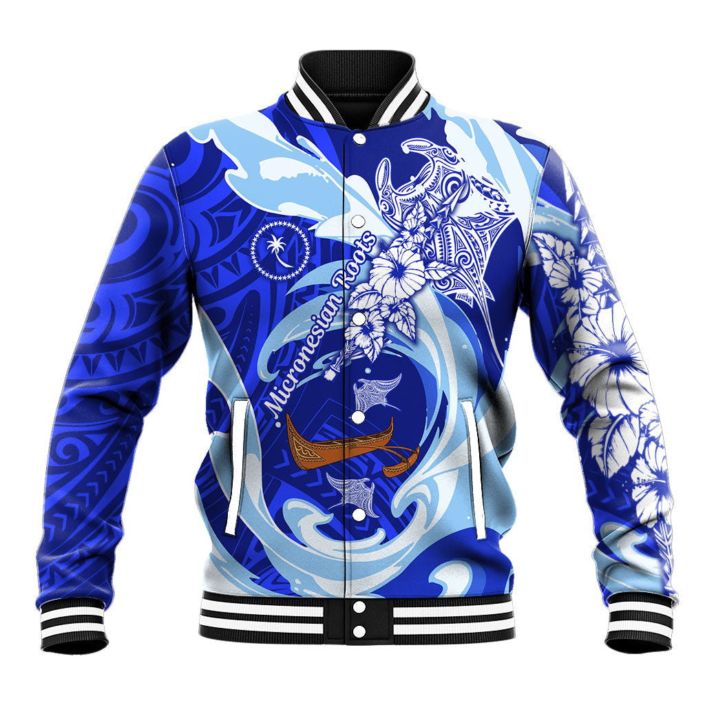 Chuuk Micronesian Roots Baseball Jacket Polynesian Tribal Pattern Hibiscus Flower And Stingray Art TS04 Unisex Blue White - Polynesian Pride