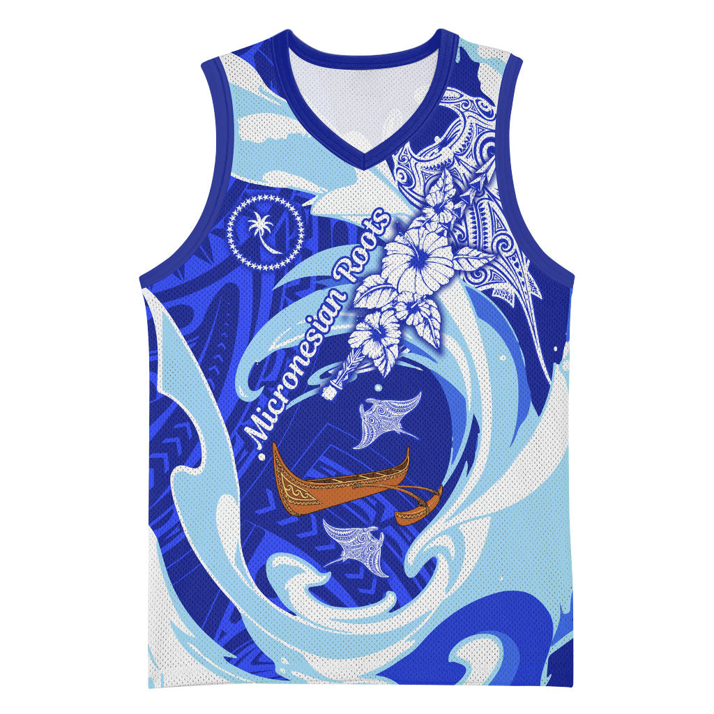 Chuuk Micronesian Roots Basketball Jersey Polynesian Tribal Pattern Hibiscus Flower And Stingray Art TS04 Unisex Blue White - Polynesian Pride