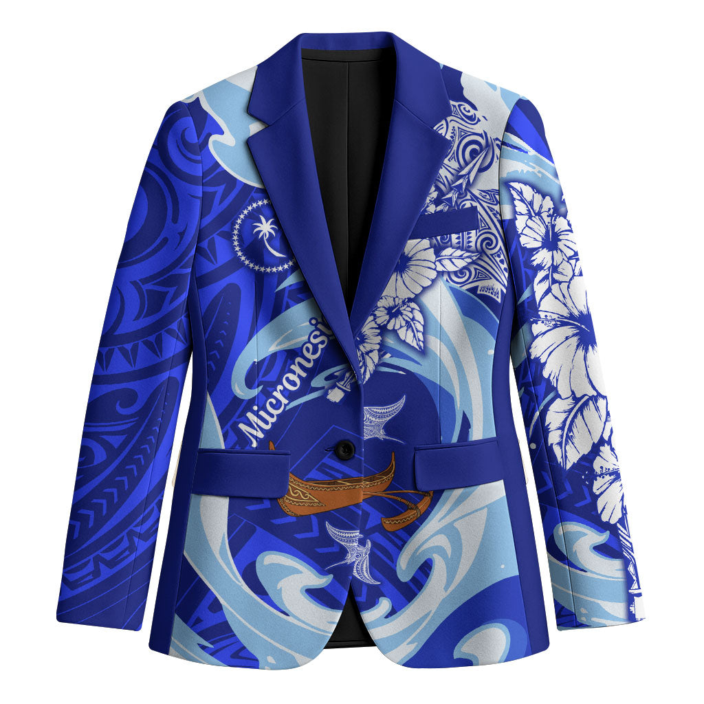 Chuuk Micronesian Roots Blazer Polynesian Tribal Pattern Hibiscus Flower And Stingray Art TS04 Unisex Blue White - Polynesian Pride