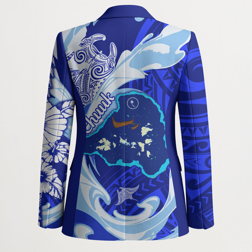 Chuuk Micronesian Roots Blazer Polynesian Tribal Pattern Hibiscus Flower And Stingray Art