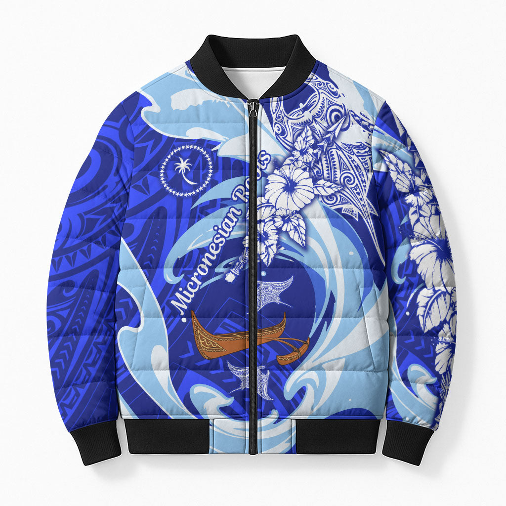 Chuuk Micronesian Roots Bomber Puffer Jacket Polynesian Tribal Pattern Hibiscus Flower And Stingray Art