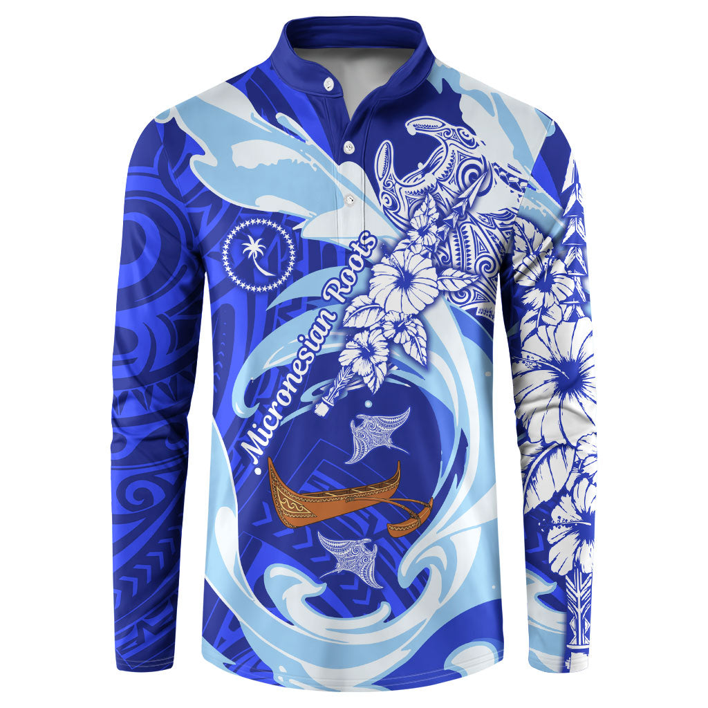 Chuuk Micronesian Roots Button Sweatshirt Polynesian Tribal Pattern Hibiscus Flower And Stingray Art TS04 Blue White - Polynesian Pride
