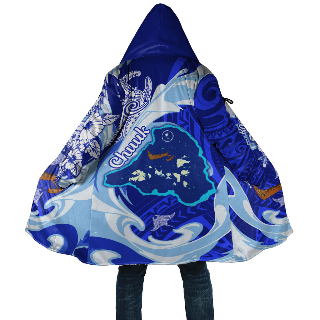 Chuuk Micronesian Roots Cloak Polynesian Tribal Pattern Hibiscus Flower And Stingray Art TS04 Unisex Blue White - Polynesian Pride