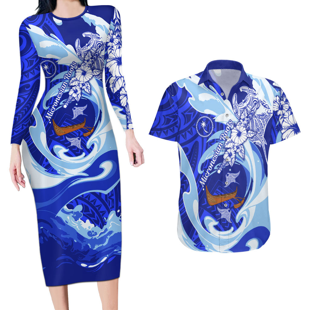 Chuuk Micronesian Roots Couples Matching Long Sleeve Bodycon Dress and Hawaiian Shirt Polynesian Tribal Pattern Hibiscus Flower And Stingray Art TS04 Blue White - Polynesian Pride