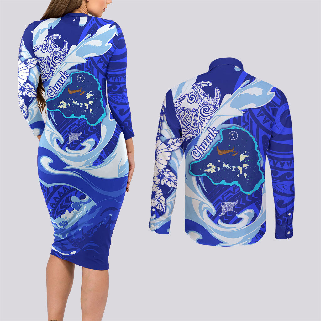 Chuuk Micronesian Roots Couples Matching Long Sleeve Bodycon Dress and Long Sleeve Button Shirt Polynesian Tribal Pattern Hibiscus Flower And Stingray Art