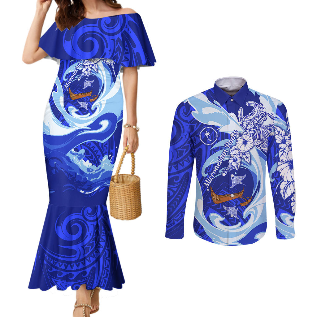 Chuuk Micronesian Roots Couples Matching Mermaid Dress and Long Sleeve Button Shirt Polynesian Tribal Pattern Hibiscus Flower And Stingray Art