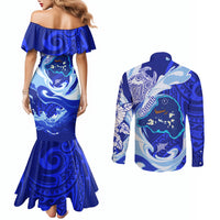 Chuuk Micronesian Roots Couples Matching Mermaid Dress and Long Sleeve Button Shirt Polynesian Tribal Pattern Hibiscus Flower And Stingray Art