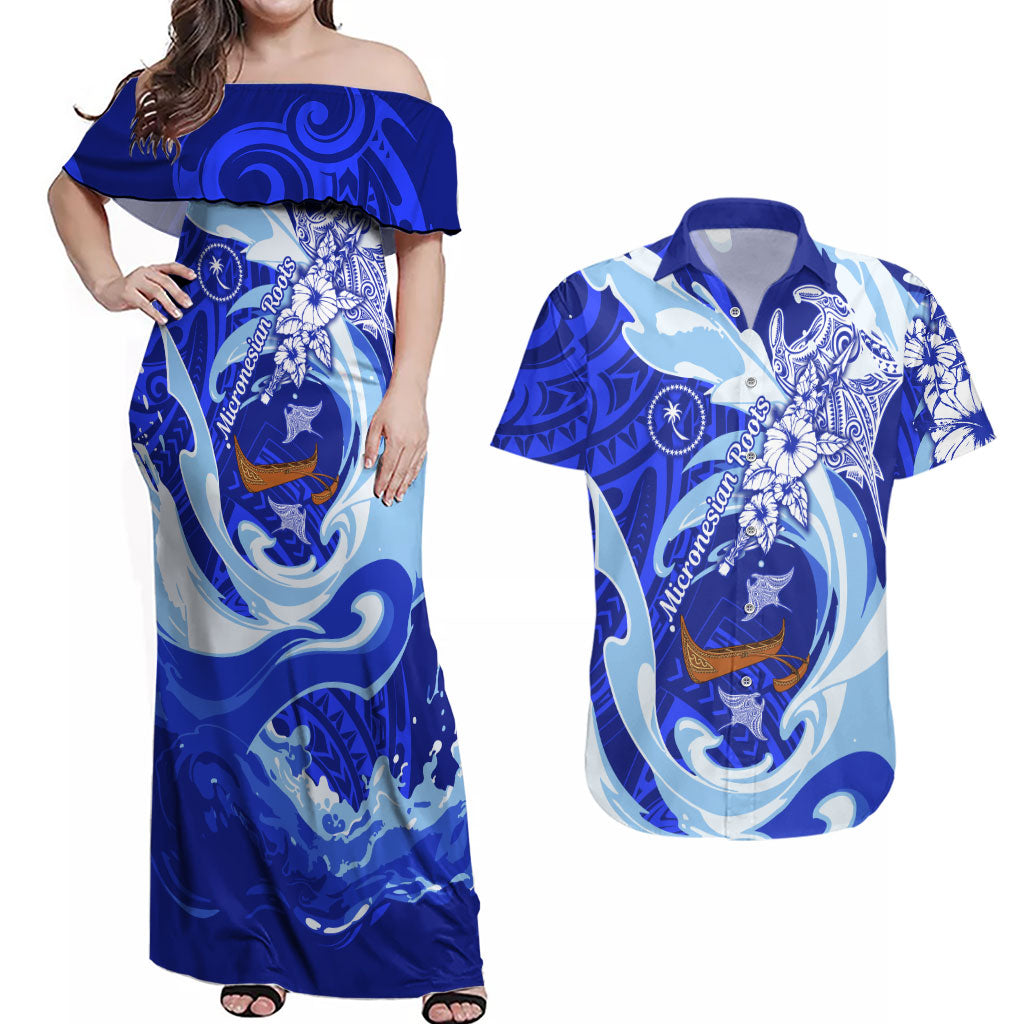Chuuk Micronesian Roots Couples Matching Off Shoulder Maxi Dress and Hawaiian Shirt Polynesian Tribal Pattern Hibiscus Flower And Stingray Art