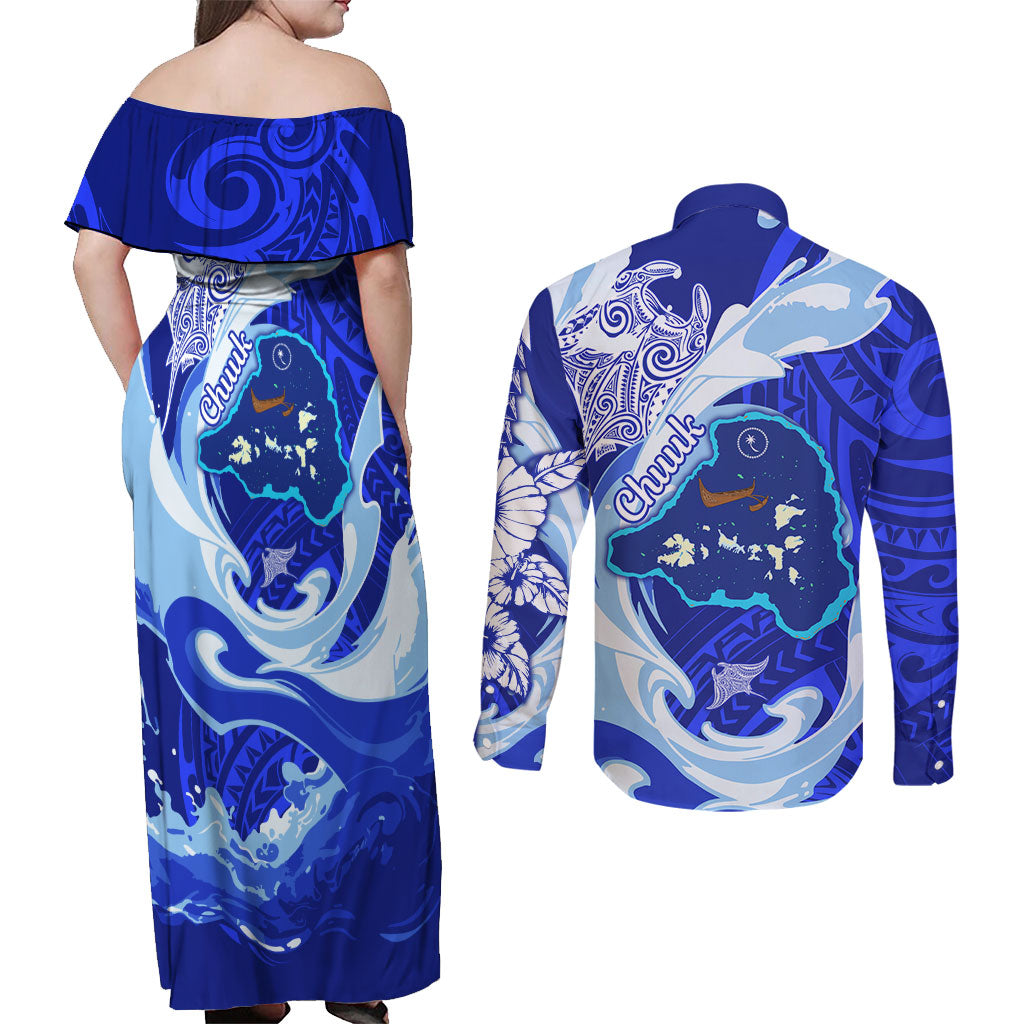 Chuuk Micronesian Roots Couples Matching Off Shoulder Maxi Dress and Long Sleeve Button Shirt Polynesian Tribal Pattern Hibiscus Flower And Stingray Art