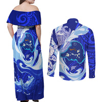 Chuuk Micronesian Roots Couples Matching Off Shoulder Maxi Dress and Long Sleeve Button Shirt Polynesian Tribal Pattern Hibiscus Flower And Stingray Art
