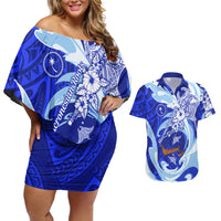 Chuuk Micronesian Roots Couples Matching Off Shoulder Short Dress and Hawaiian Shirt Polynesian Tribal Pattern Hibiscus Flower And Stingray Art