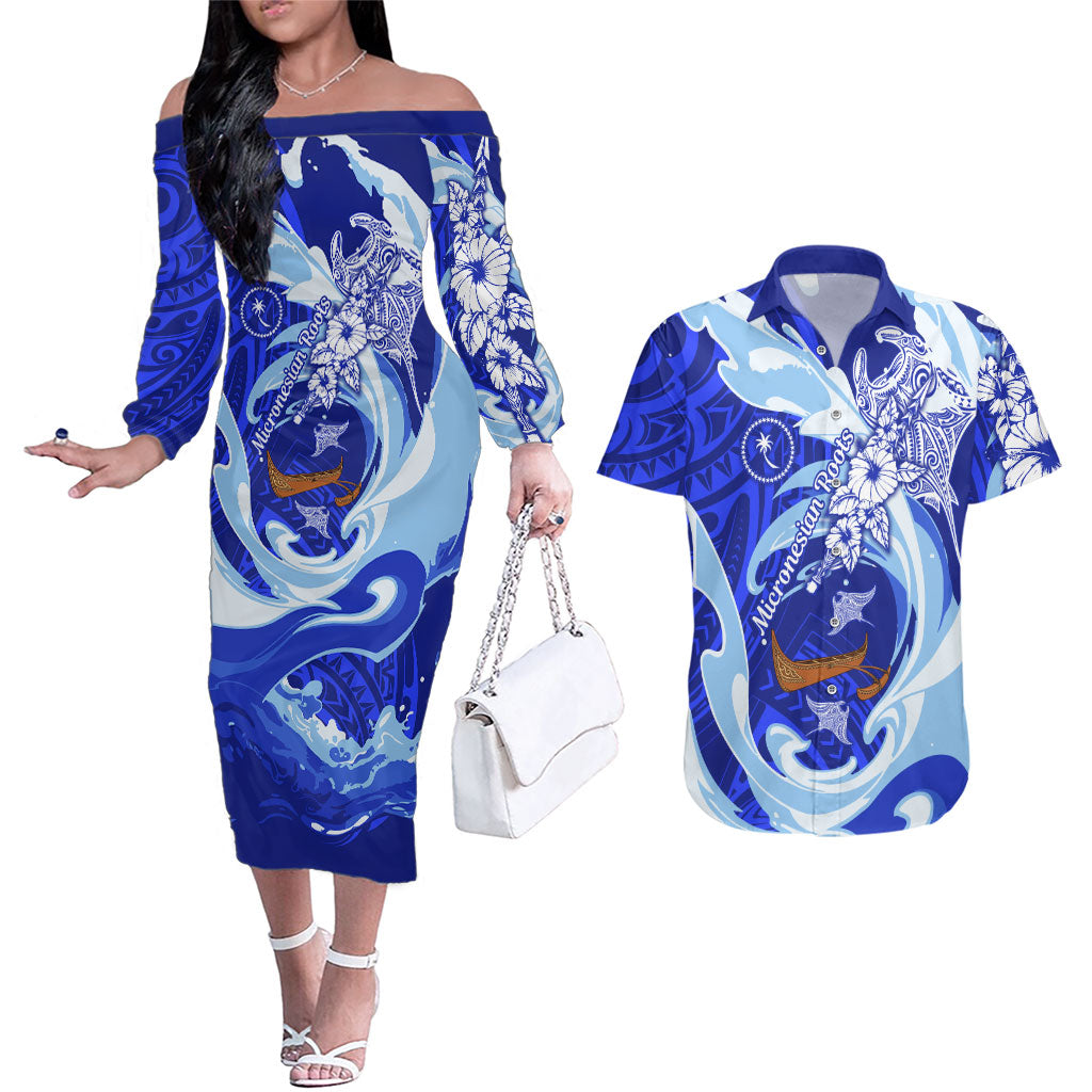 Chuuk Micronesian Roots Couples Matching Off The Shoulder Long Sleeve Dress and Hawaiian Shirt Polynesian Tribal Pattern Hibiscus Flower And Stingray Art TS04 Blue White - Polynesian Pride