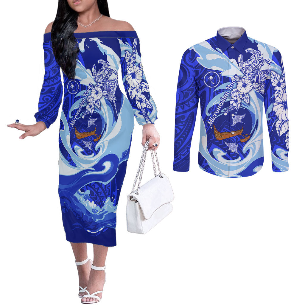 Chuuk Micronesian Roots Couples Matching Off The Shoulder Long Sleeve Dress and Long Sleeve Button Shirt Polynesian Tribal Pattern Hibiscus Flower And Stingray Art TS04 Blue White - Polynesian Pride