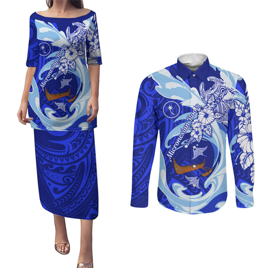Chuuk Micronesian Roots Couples Matching Puletasi and Long Sleeve Button Shirt Polynesian Tribal Pattern Hibiscus Flower And Stingray Art