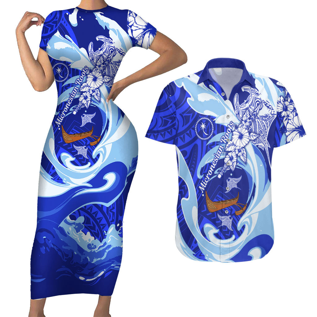 Chuuk Micronesian Roots Couples Matching Short Sleeve Bodycon Dress and Hawaiian Shirt Polynesian Tribal Pattern Hibiscus Flower And Stingray Art TS04 Blue White - Polynesian Pride