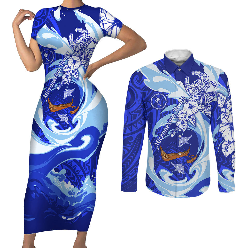 Chuuk Micronesian Roots Couples Matching Short Sleeve Bodycon Dress and Long Sleeve Button Shirt Polynesian Tribal Pattern Hibiscus Flower And Stingray Art TS04 Blue White - Polynesian Pride
