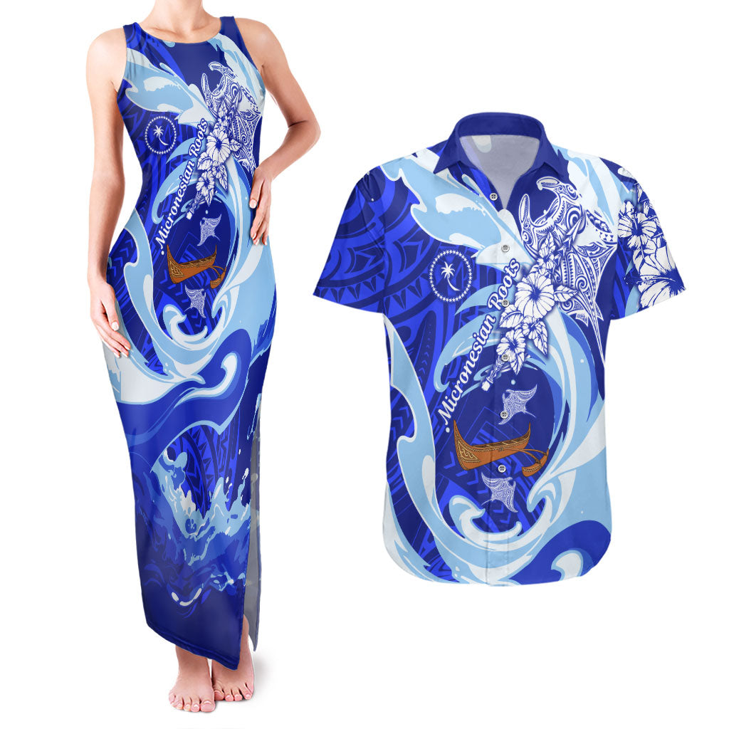 Chuuk Micronesian Roots Couples Matching Tank Maxi Dress and Hawaiian Shirt Polynesian Tribal Pattern Hibiscus Flower And Stingray Art TS04 Blue White - Polynesian Pride