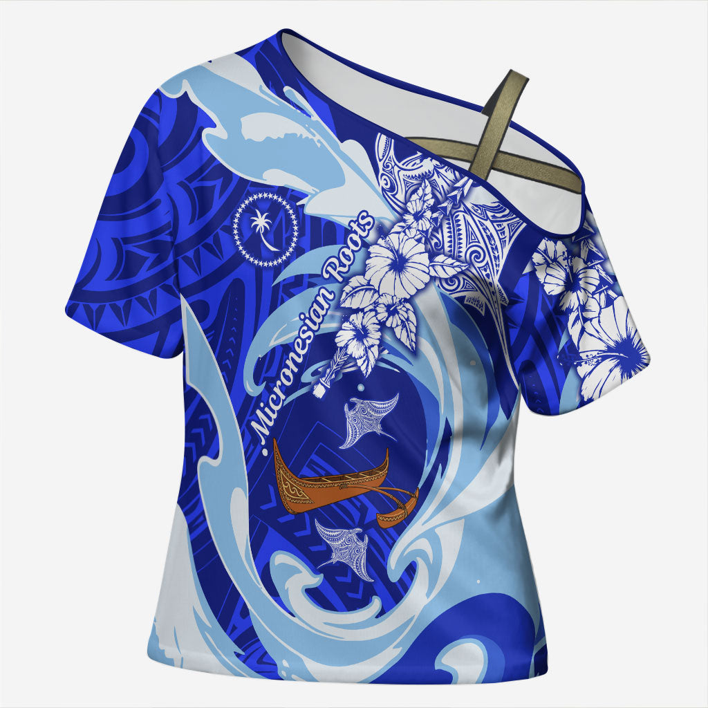 Chuuk Micronesian Roots Cross Shoulder Shirt Polynesian Tribal Pattern Hibiscus Flower And Stingray Art TS04 Female Blue White - Polynesian Pride