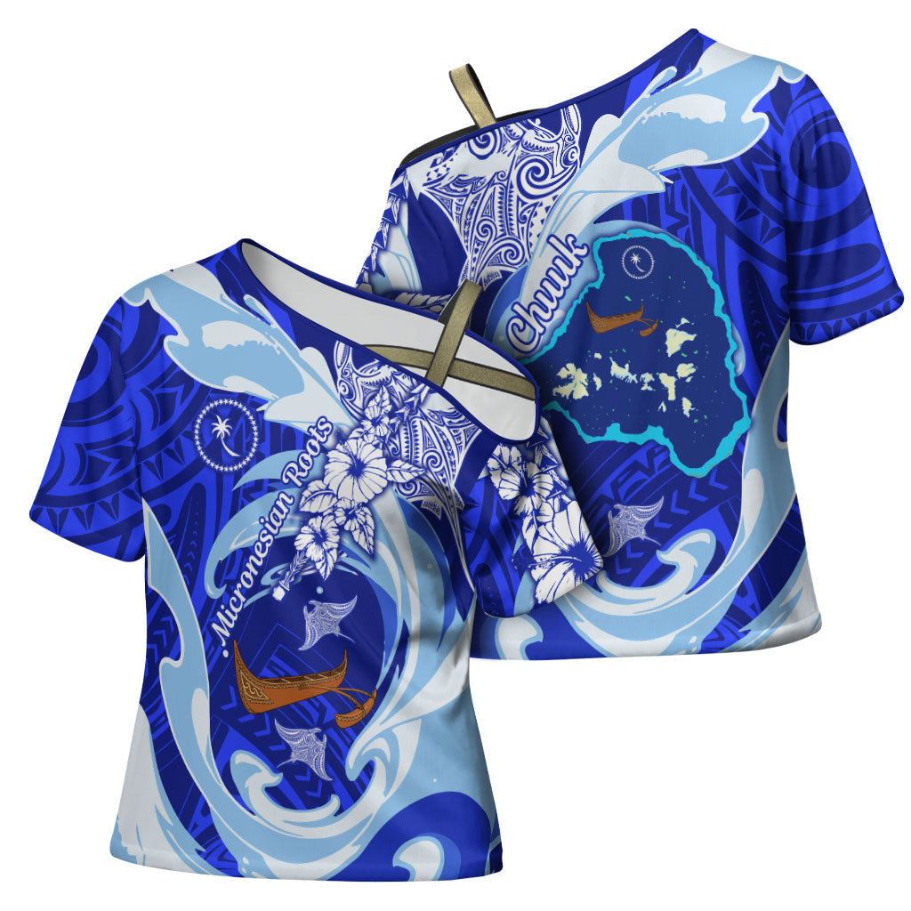 Chuuk Micronesian Roots Cross Shoulder Shirt Polynesian Tribal Pattern Hibiscus Flower And Stingray Art