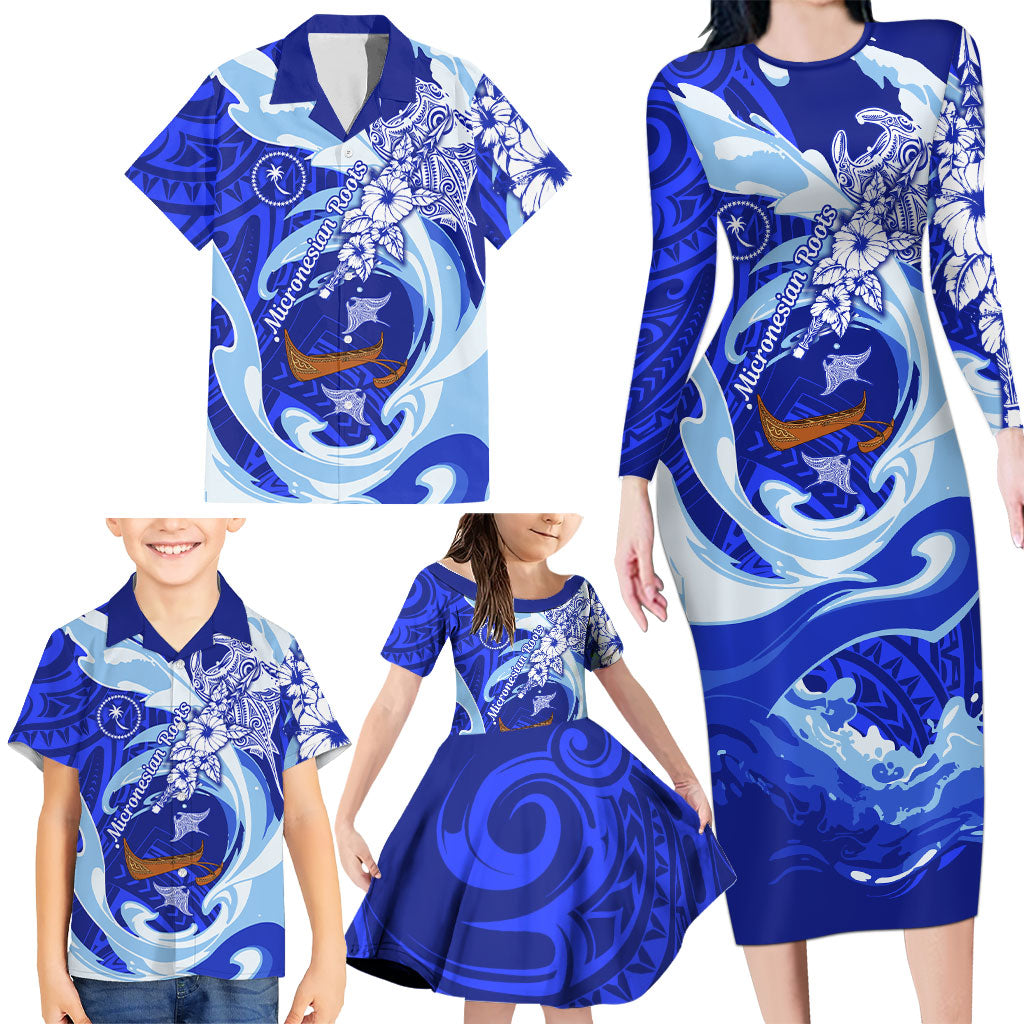 Chuuk Micronesian Roots Family Matching Long Sleeve Bodycon Dress and Hawaiian Shirt Polynesian Tribal Pattern Hibiscus Flower And Stingray Art