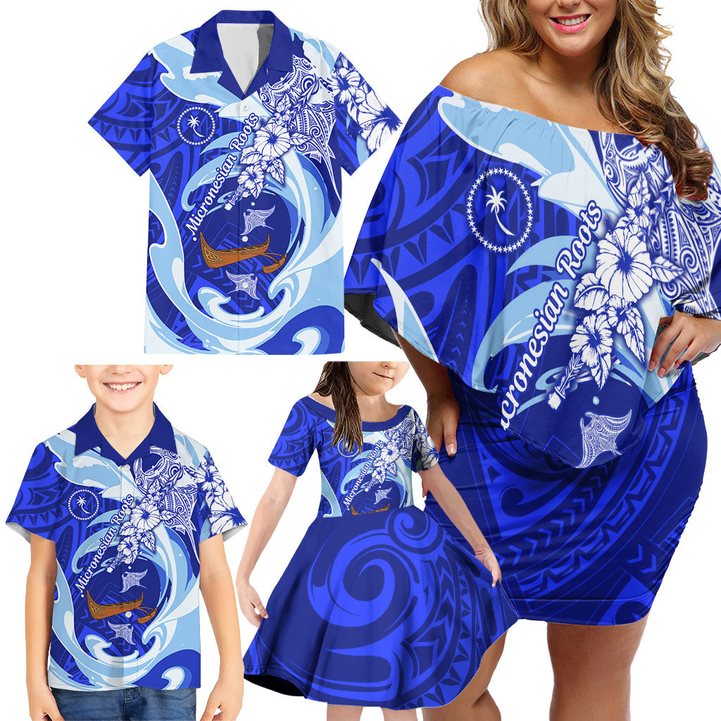 Chuuk Micronesian Roots Family Matching Off Shoulder Short Dress and Hawaiian Shirt Polynesian Tribal Pattern Hibiscus Flower And Stingray Art TS04 - Polynesian Pride