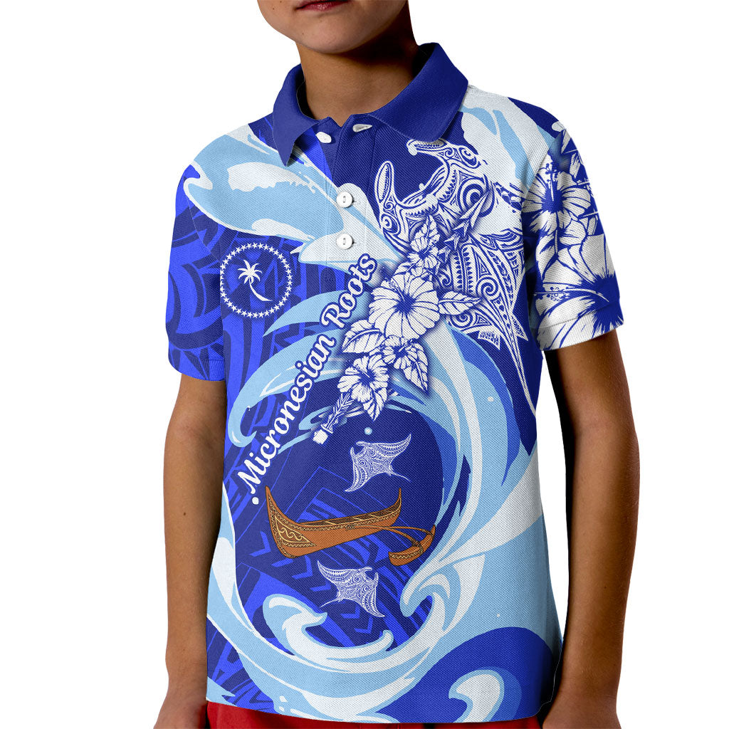 Chuuk Micronesian Roots Kid Polo Shirt Polynesian Tribal Pattern Hibiscus Flower And Stingray Art
