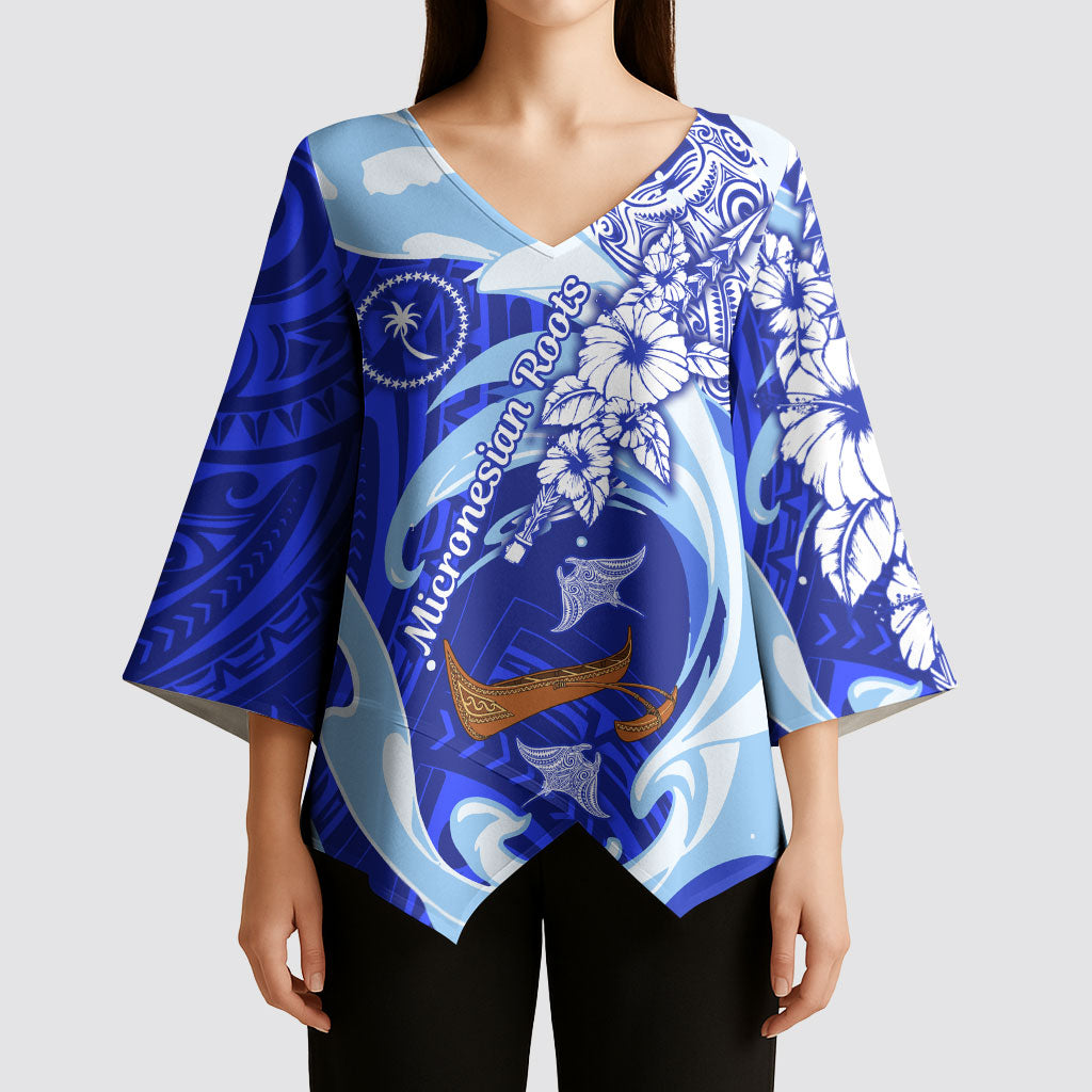 Chuuk Micronesian Roots Kimono Sleeve Blouse Polynesian Tribal Pattern Hibiscus Flower And Stingray Art