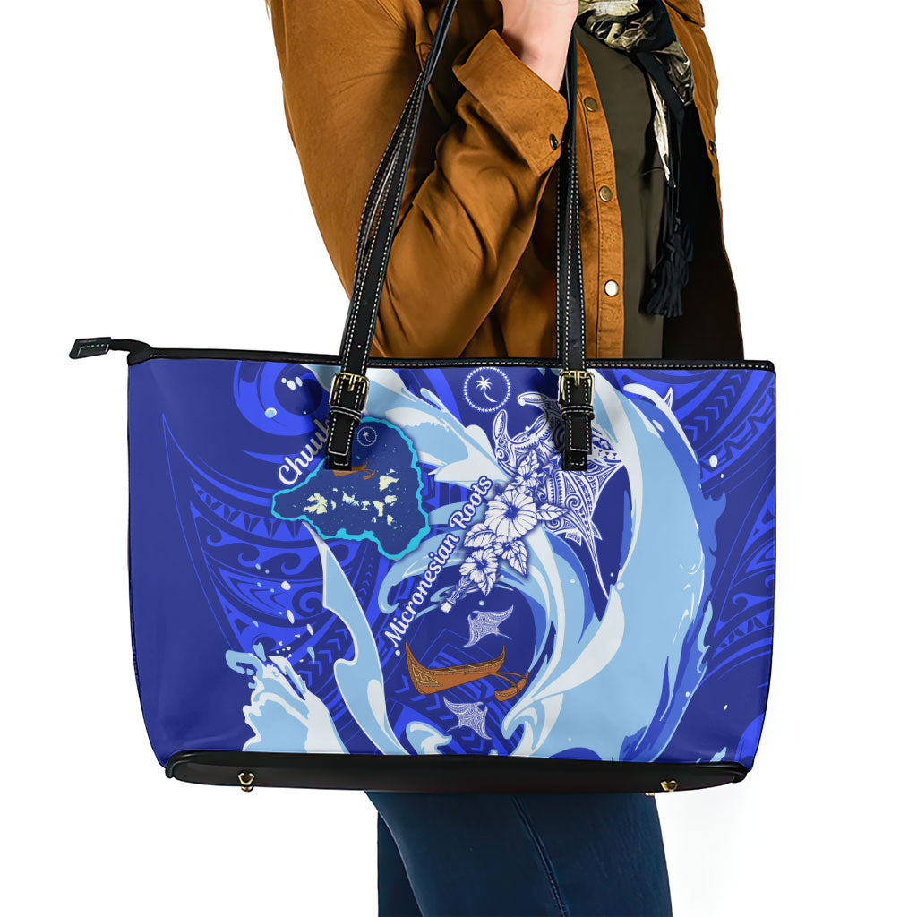 Chuuk Micronesian Roots Leather Tote Bag Polynesian Tribal Pattern Hibiscus Flower And Stingray Art