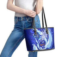 Chuuk Micronesian Roots Leather Tote Bag Polynesian Tribal Pattern Hibiscus Flower And Stingray Art