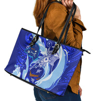Chuuk Micronesian Roots Leather Tote Bag Polynesian Tribal Pattern Hibiscus Flower And Stingray Art