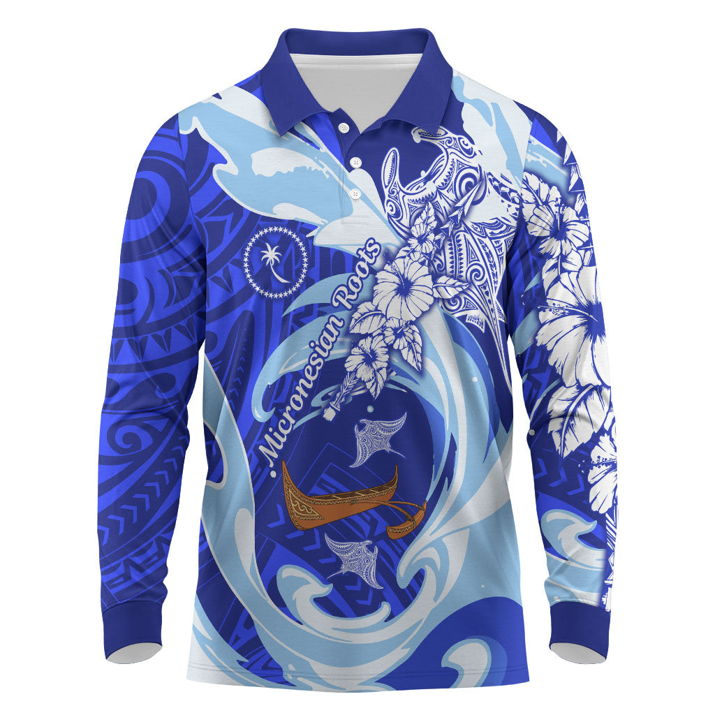 Chuuk Micronesian Roots Long Sleeve Polo Shirt Polynesian Tribal Pattern Hibiscus Flower And Stingray Art