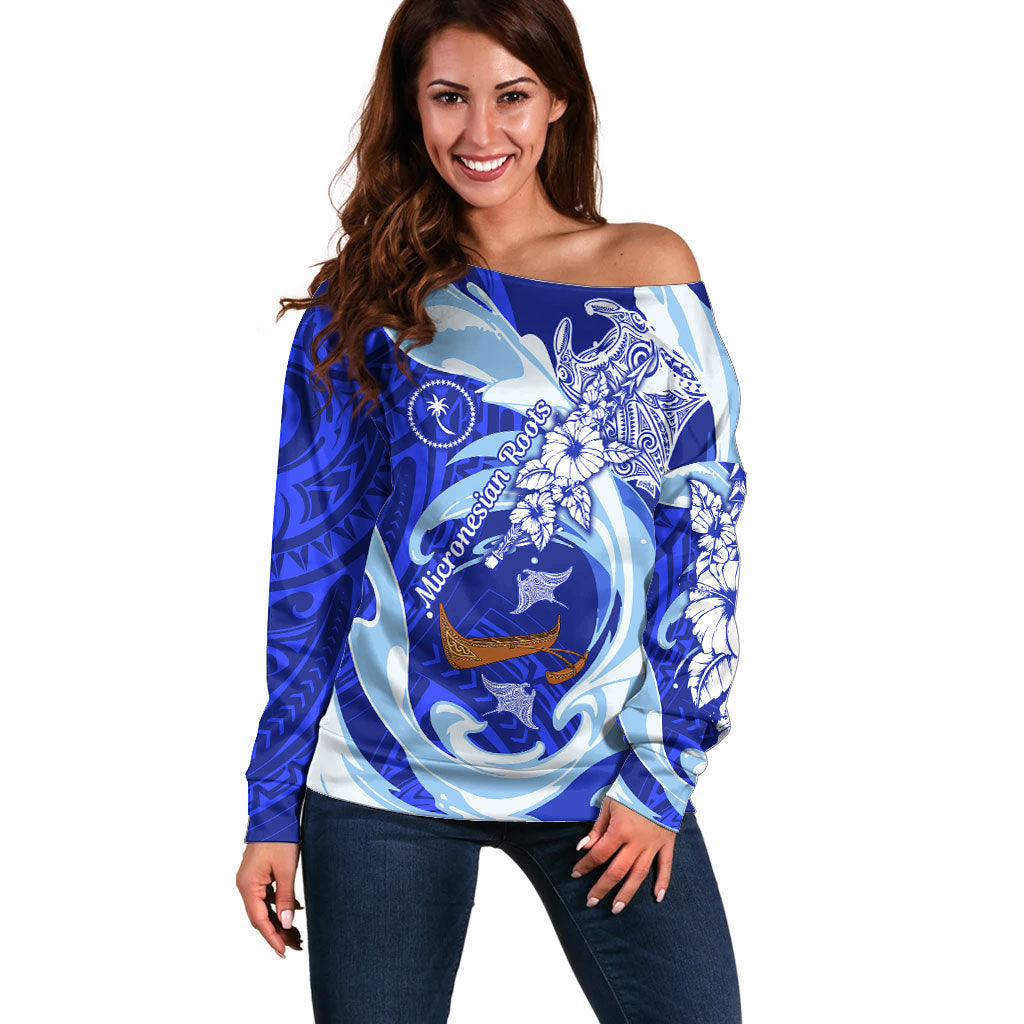 Chuuk Micronesian Roots Off Shoulder Sweater Polynesian Tribal Pattern Hibiscus Flower And Stingray Art TS04 Women Blue White - Polynesian Pride