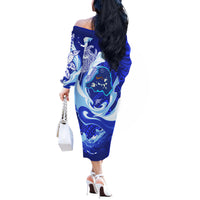 Chuuk Micronesian Roots Off The Shoulder Long Sleeve Dress Polynesian Tribal Pattern Hibiscus Flower And Stingray Art