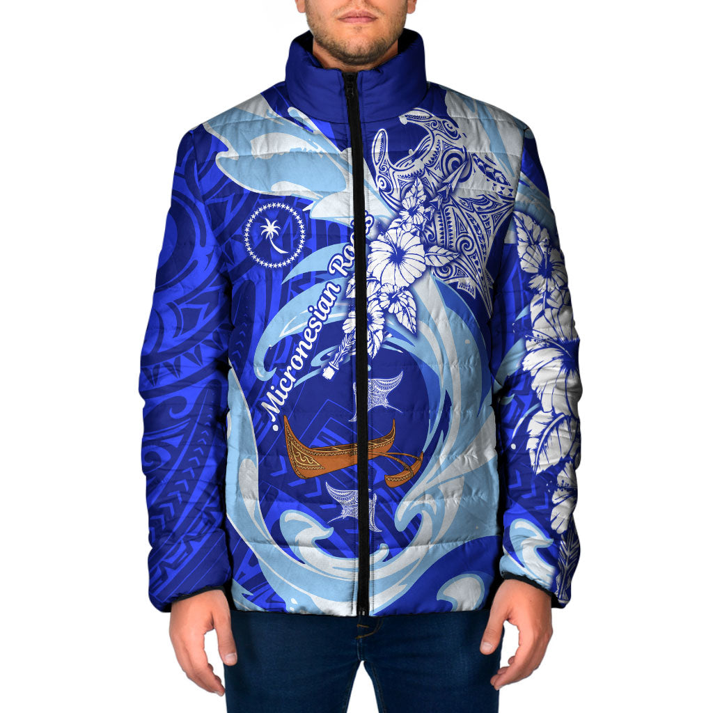 Chuuk Micronesian Roots Padded Jacket Polynesian Tribal Pattern Hibiscus Flower And Stingray Art TS04 Men Blue White - Polynesian Pride