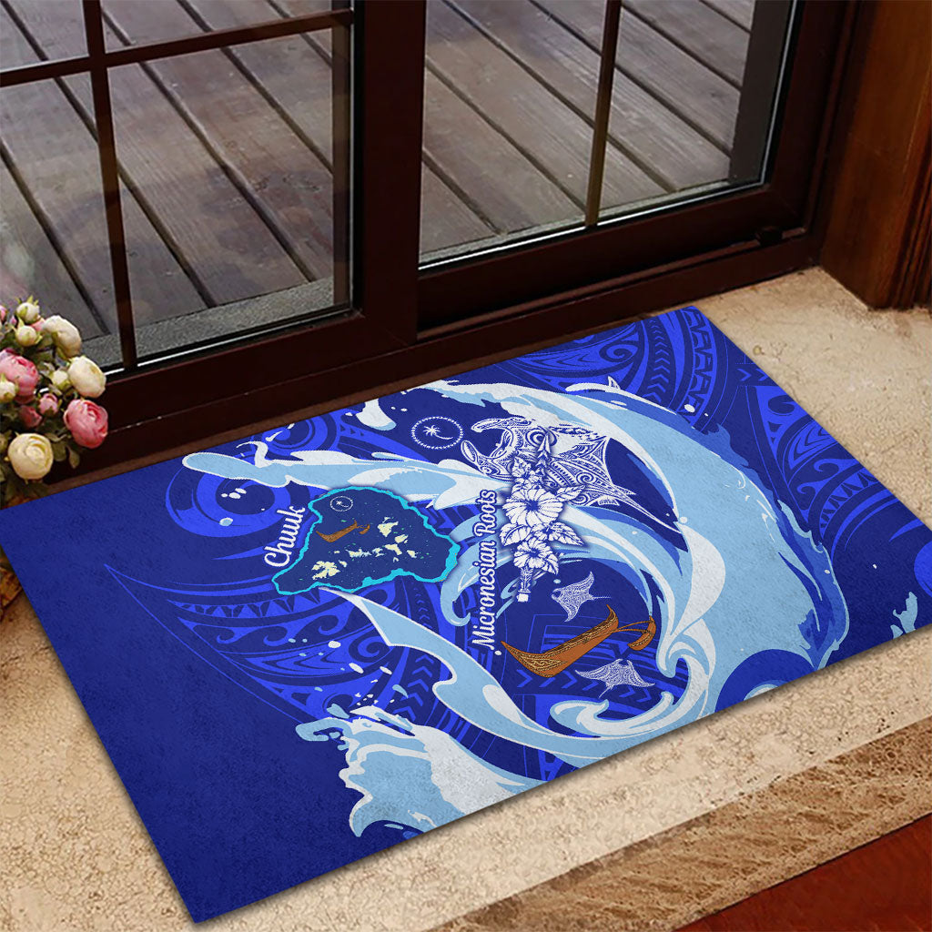 Chuuk Micronesian Roots Rubber Doormat Polynesian Tribal Pattern Hibiscus Flower And Stingray Art