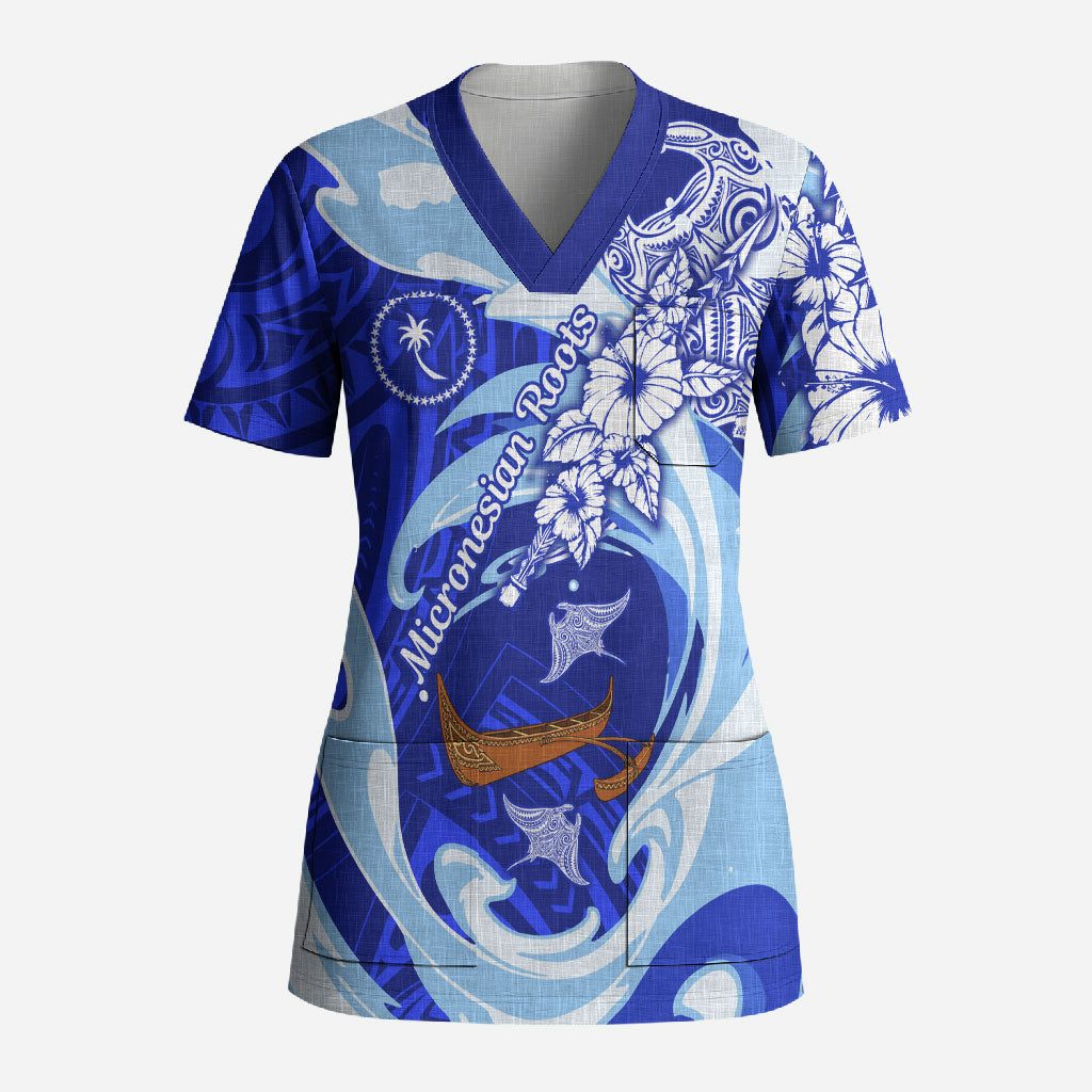Chuuk Micronesian Roots Scrub Top Polynesian Tribal Pattern Hibiscus Flower And Stingray Art TS04 Adult Blue White - Polynesian Pride