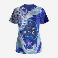 Chuuk Micronesian Roots Scrub Top Polynesian Tribal Pattern Hibiscus Flower And Stingray Art